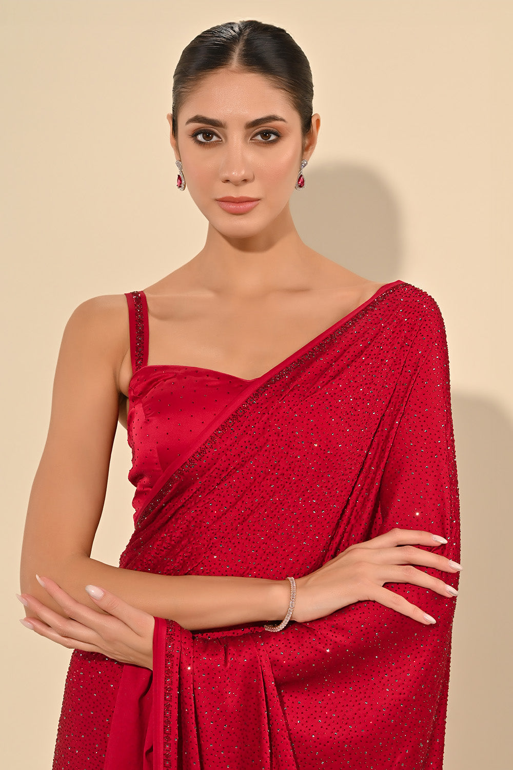 Cherry Red Color Satin Swarovski Work Saree