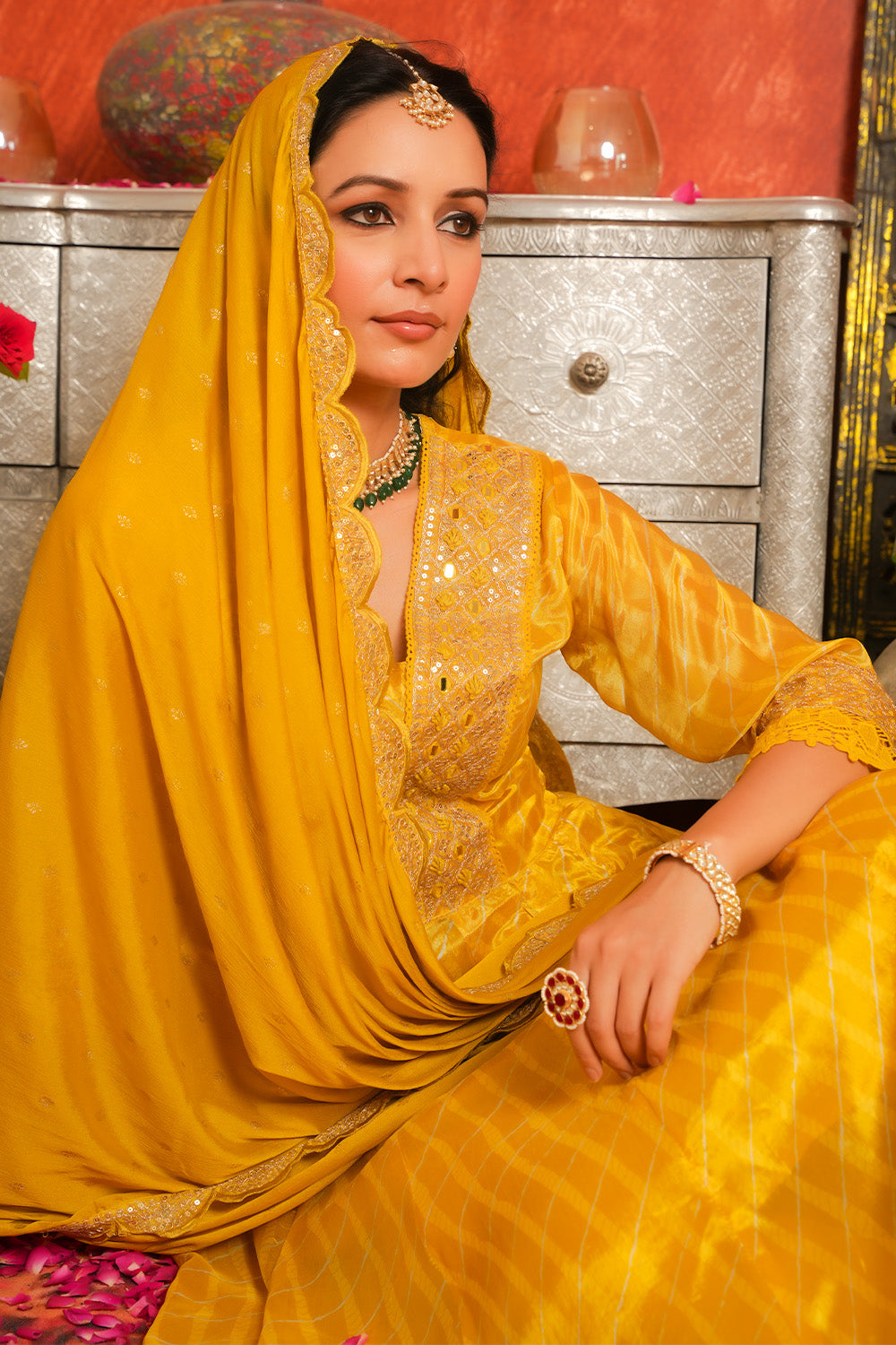Mustard Color Printed & Embroidered Silk Anarkali Suit