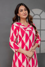 Beige And Magenta Printed Cotton Kurta Set