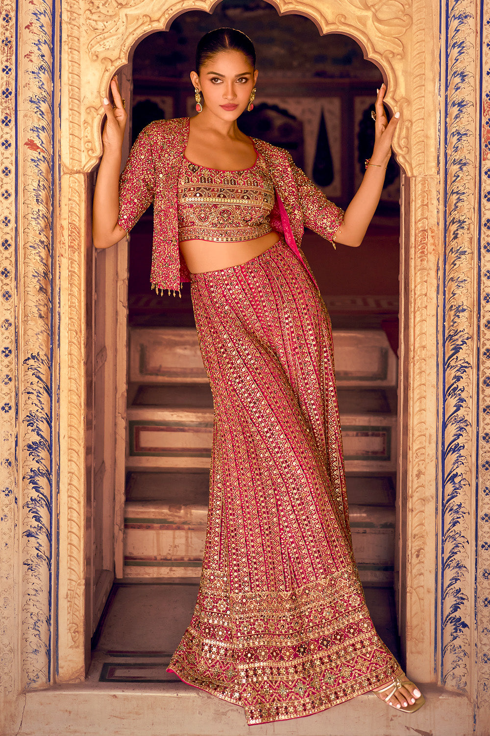 Rani Embroidered Crop-Top Palazzo Indo-Western Dress With Embroidered Jacket