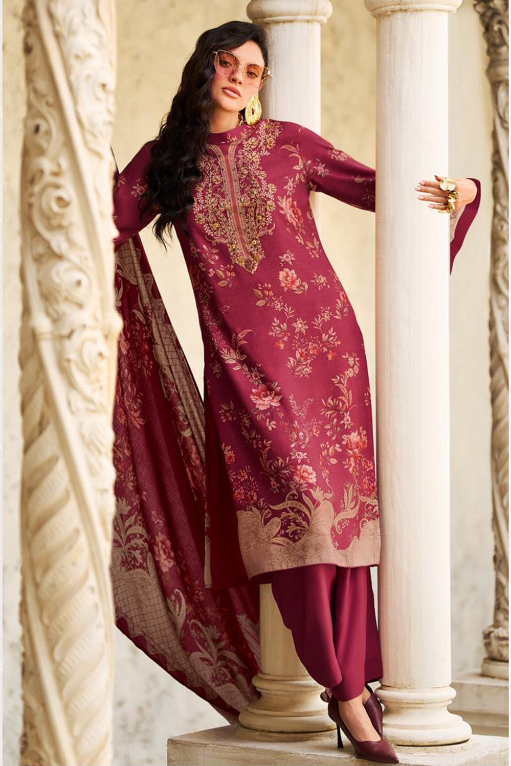 Maroon Spun Floral Printed Unstitched Suit Fabric