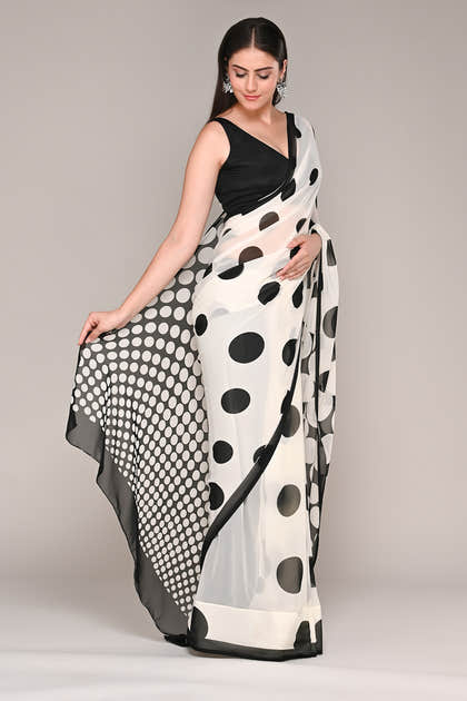 Cream And Black Color Polka-Dot Crepe Printed Saree