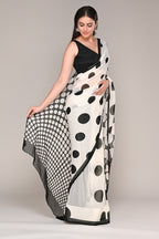 Cream And Black Color Polka-Dot Crepe Printed Saree