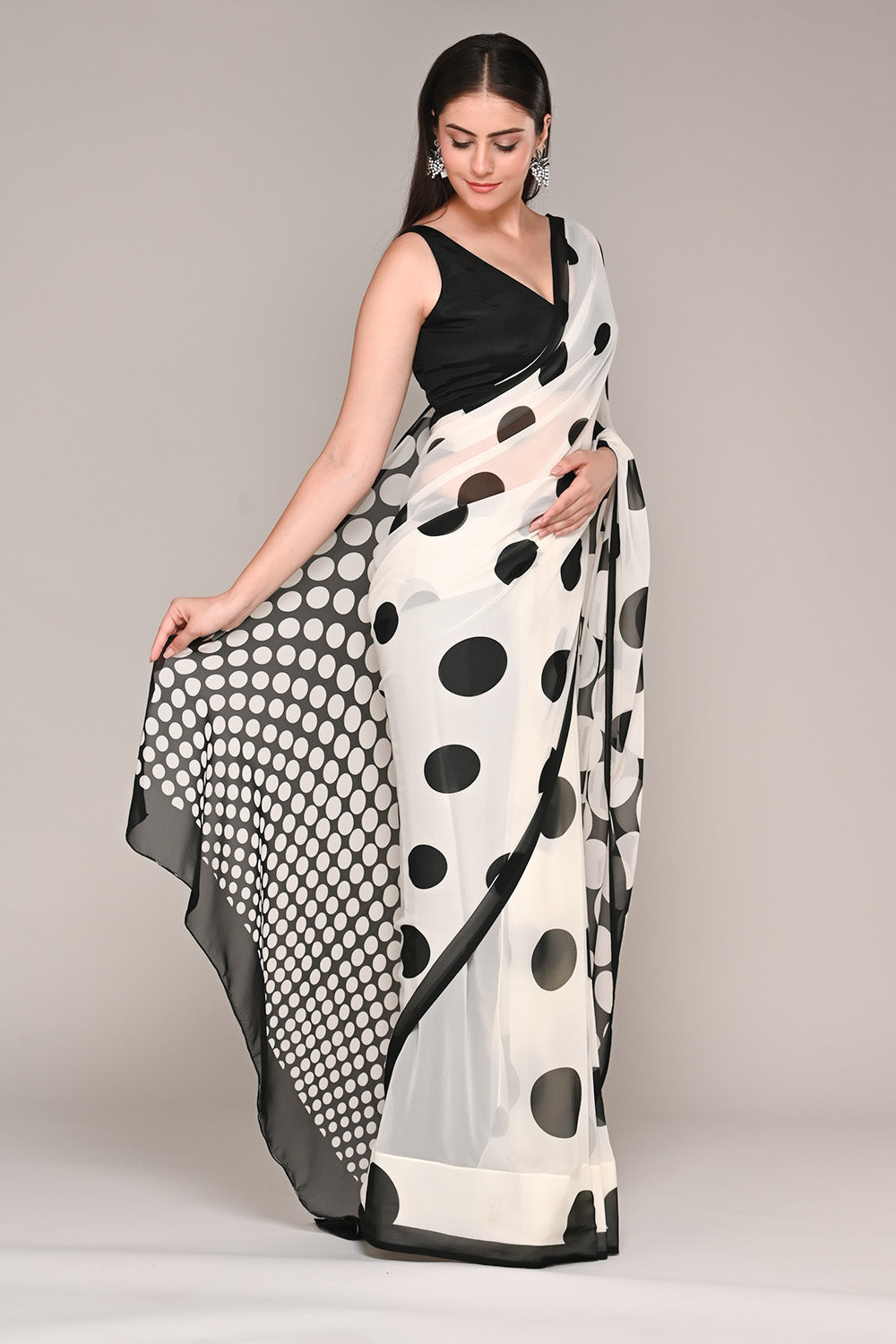 Cream And Black Color Polka-Dot Georgette Printed Saree