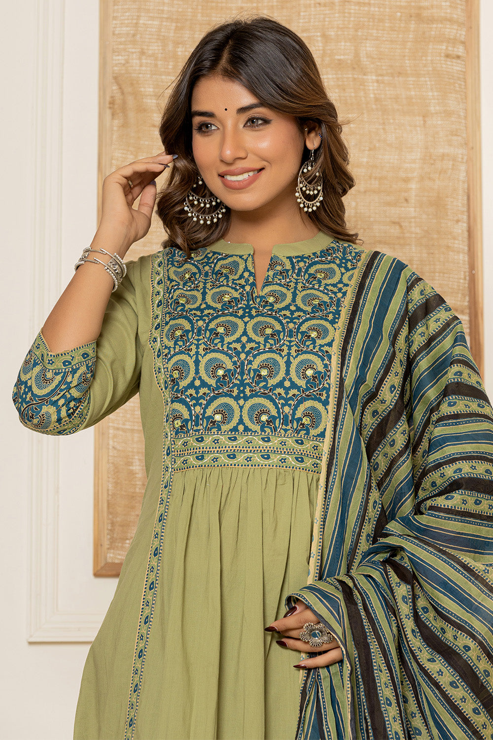 Sage Green Color Printed Cotton Anarkali Suit