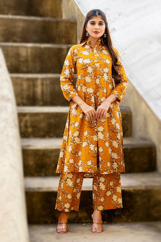 Mustard Floral Vine Printed  Cotton Kurta Set