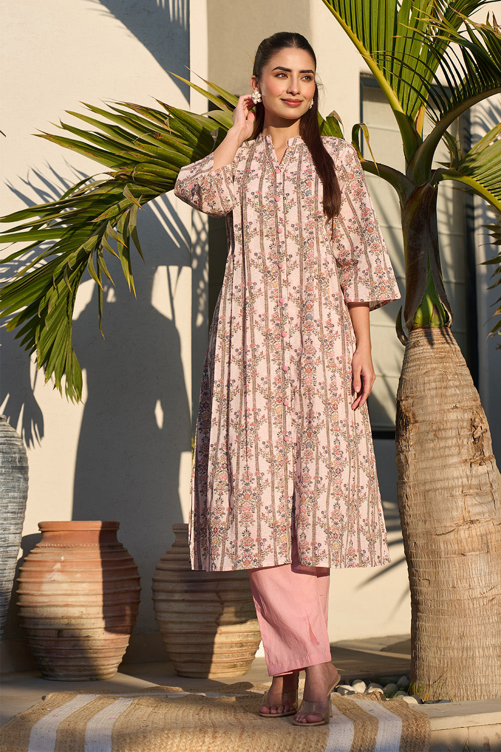 Pink Floral Printed Cotton Long Kurta Set