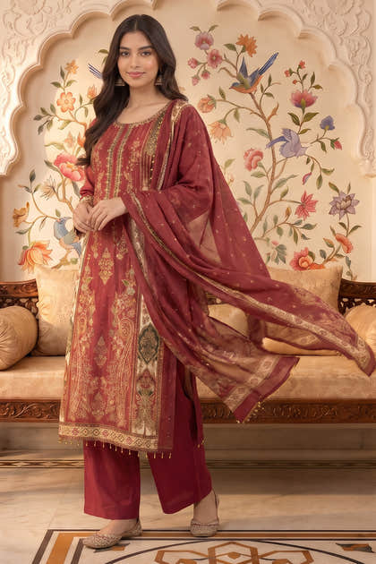 Maroon Crepe Silk Printed And Handwork Suit