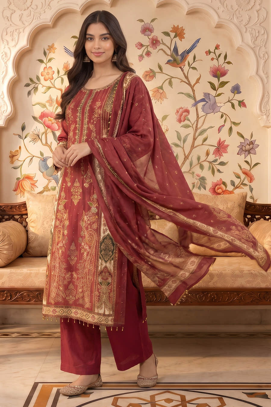Maroon Crepe Silk Printed And Handwork Suit