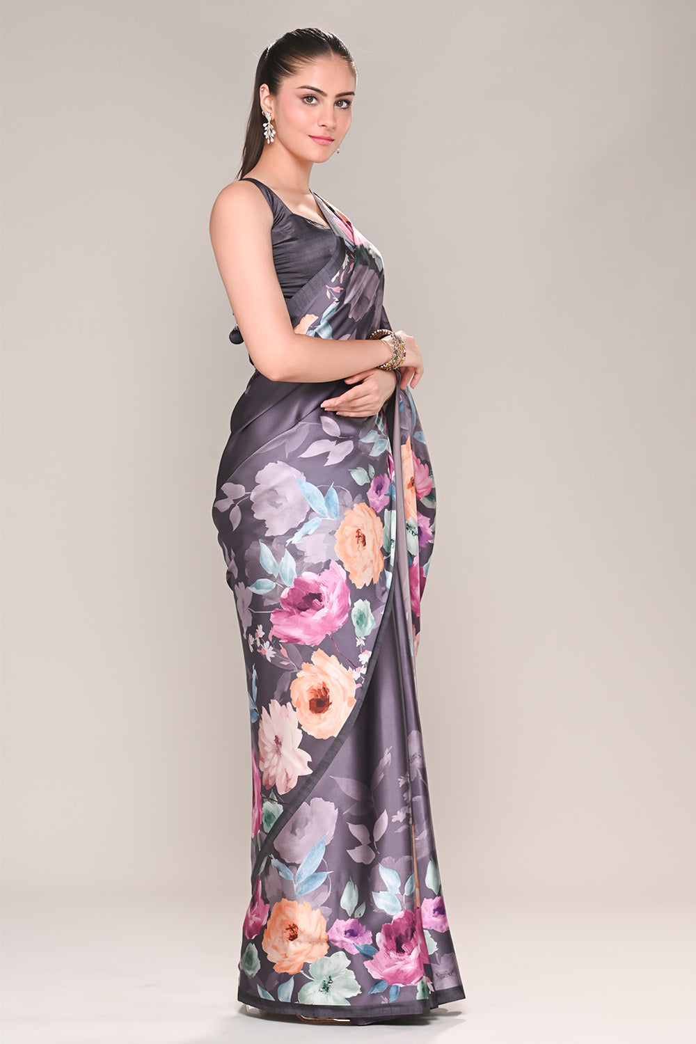 Lavender Color Satin Silk Lasa Printed Saree