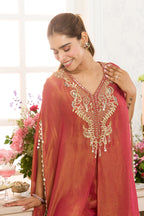 Dark Coral Shimmer Fabric Neck-Embroidered Kaftan Set with Palazzo,