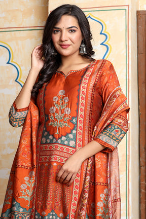 Rust Chanderi Silk Printed Straight Suit