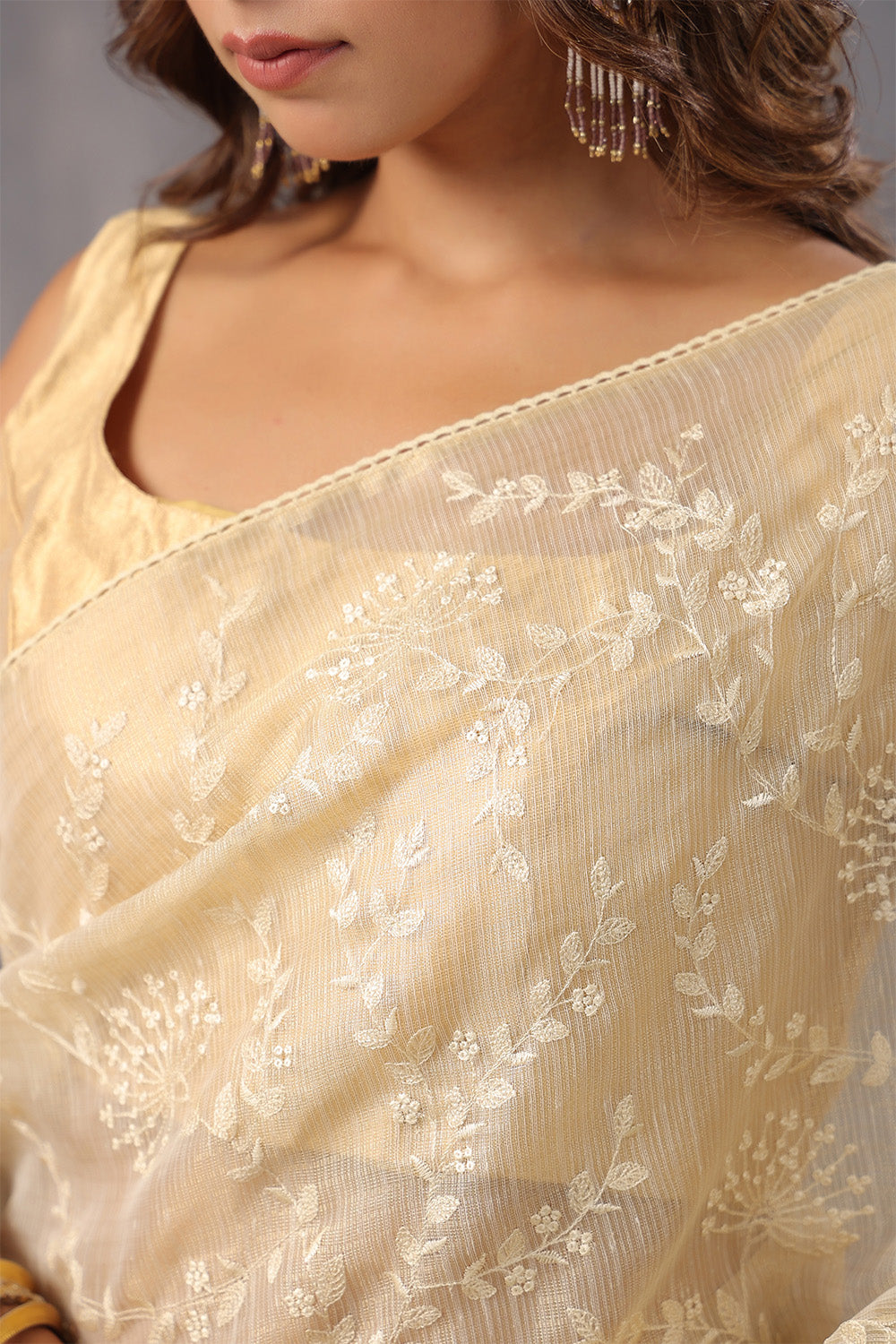 Beige Color Cotton Silk Thread Embroidered Saree