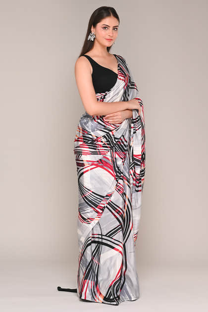 Grey Color Abstract Printed Crepe Saree