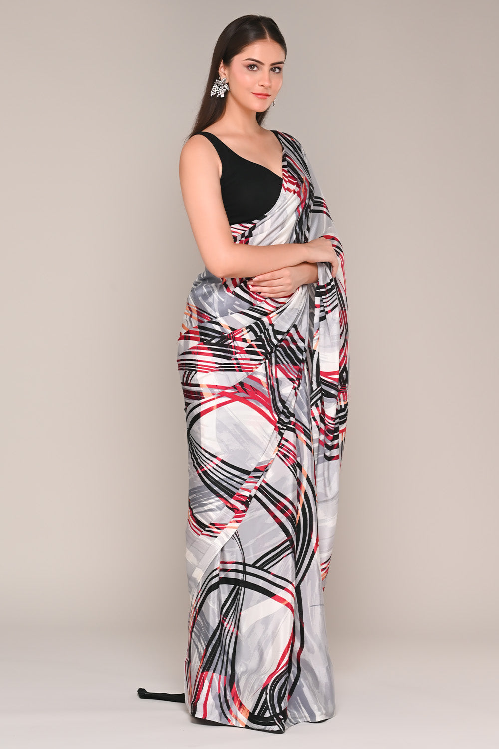 Grey Color Abstract Printed Crepe Saree