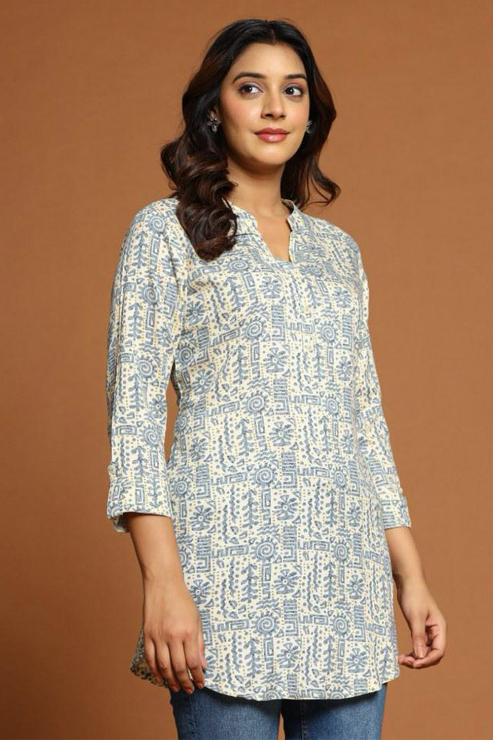 Grey & Beige Color Cotton Printed Tunic
