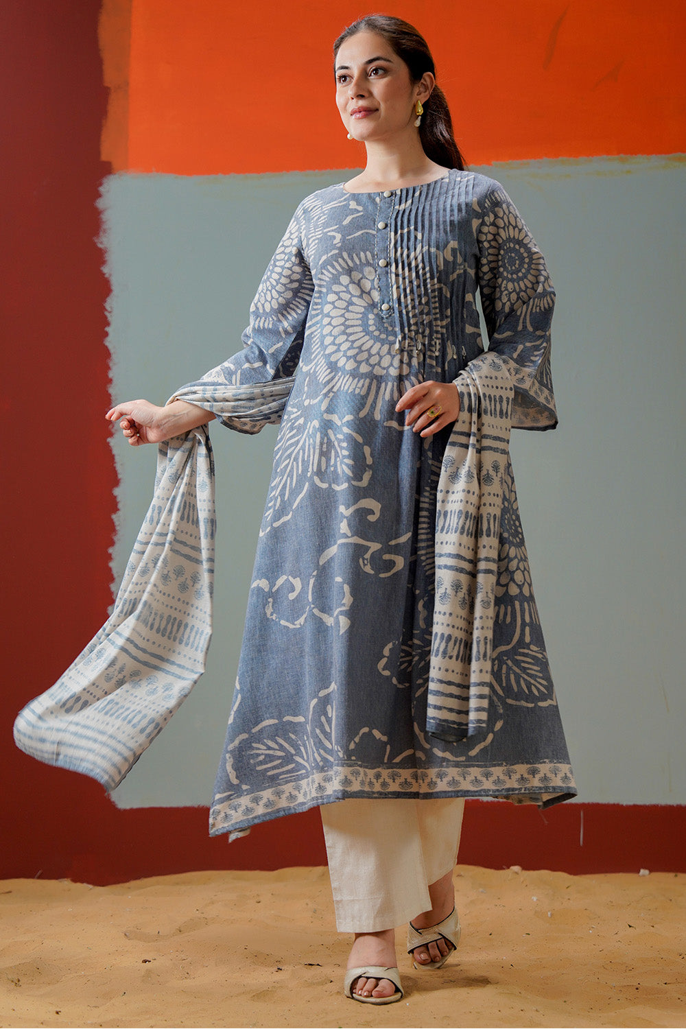 Grey Cotton Floral Printed Suit Set