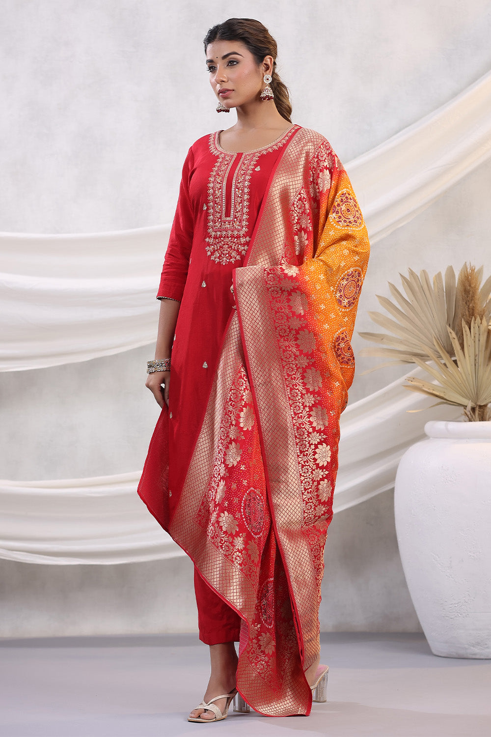 Red Color Chanderi Silk Embroidered Unstitched Suit Material With Bandhani Printed Duppata