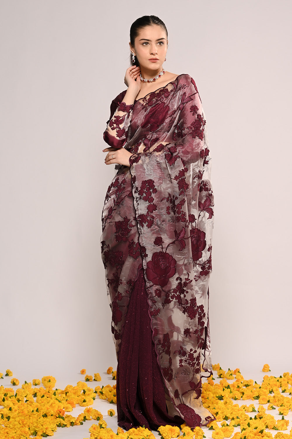 Wine Color Net Embroidered Saree