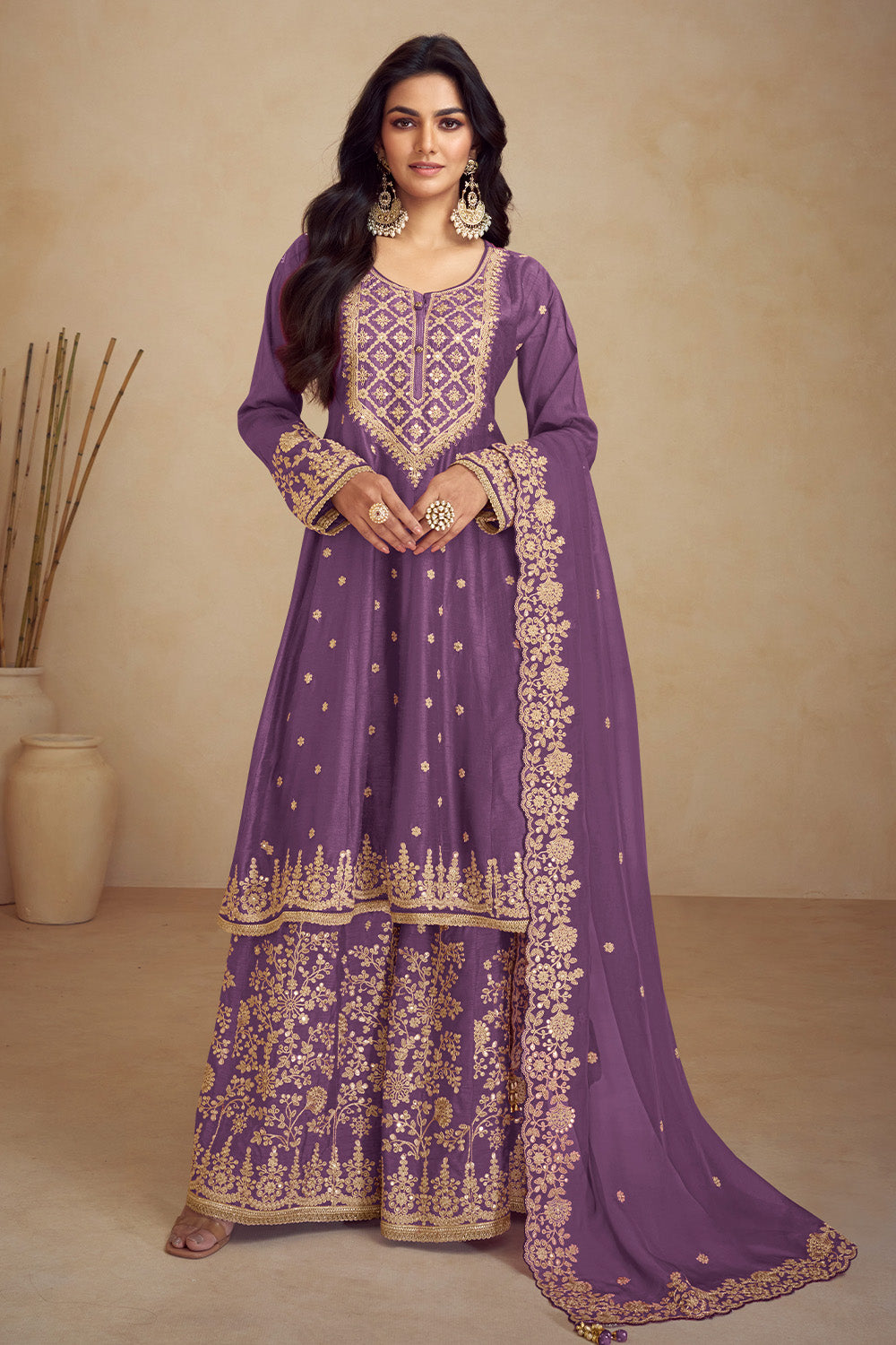 Crepe Embroidered Anarkali Suit With Embroidered Sharara