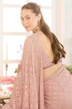 Dusty Pink Georgette Embroidered And Swaroski Work Saree