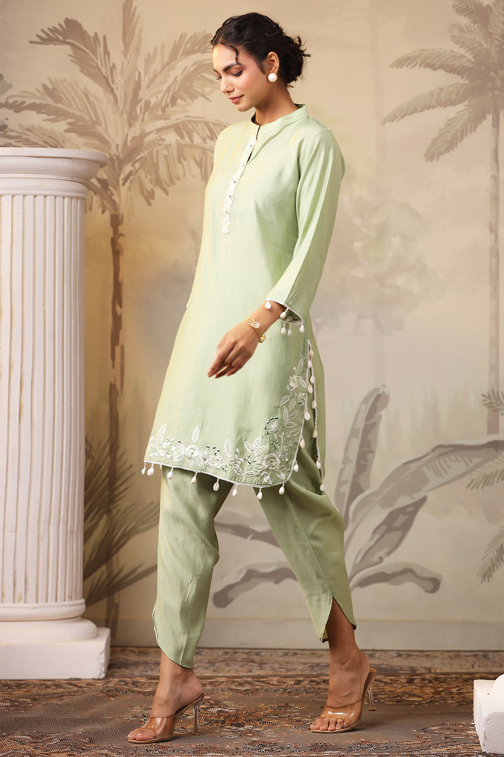 Pista Green Solid Color Muslin Kurta Set