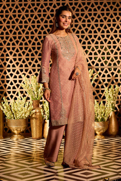 Dusty Pink Salsa Tissue Embroidered Unstitched Suit Material