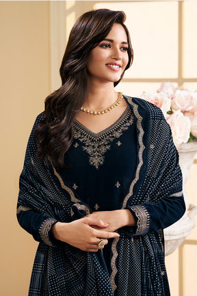 Navy Velvet Zari and Sequins Embroidered Unstitched Suit Fabric
