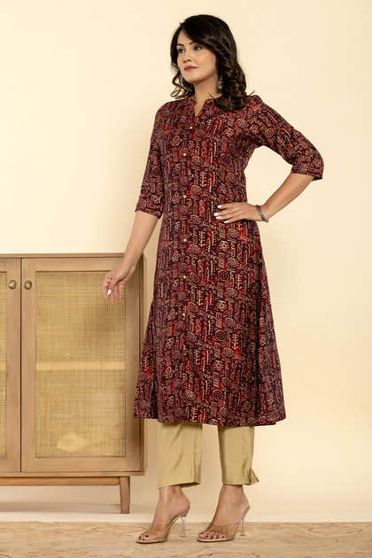 Maroon Color Printed Muslin Kurta