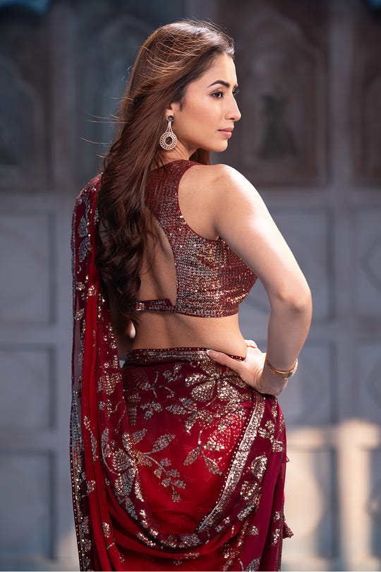 Red Pure Georgette Sequins Floral Embroidered Saree