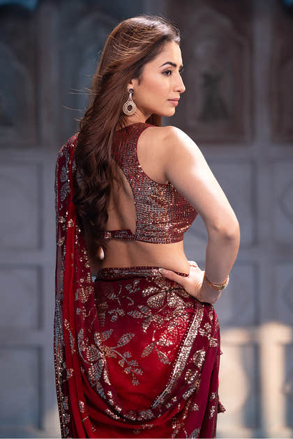 Red Pure Georgette Sequins Floral Embroidered Saree