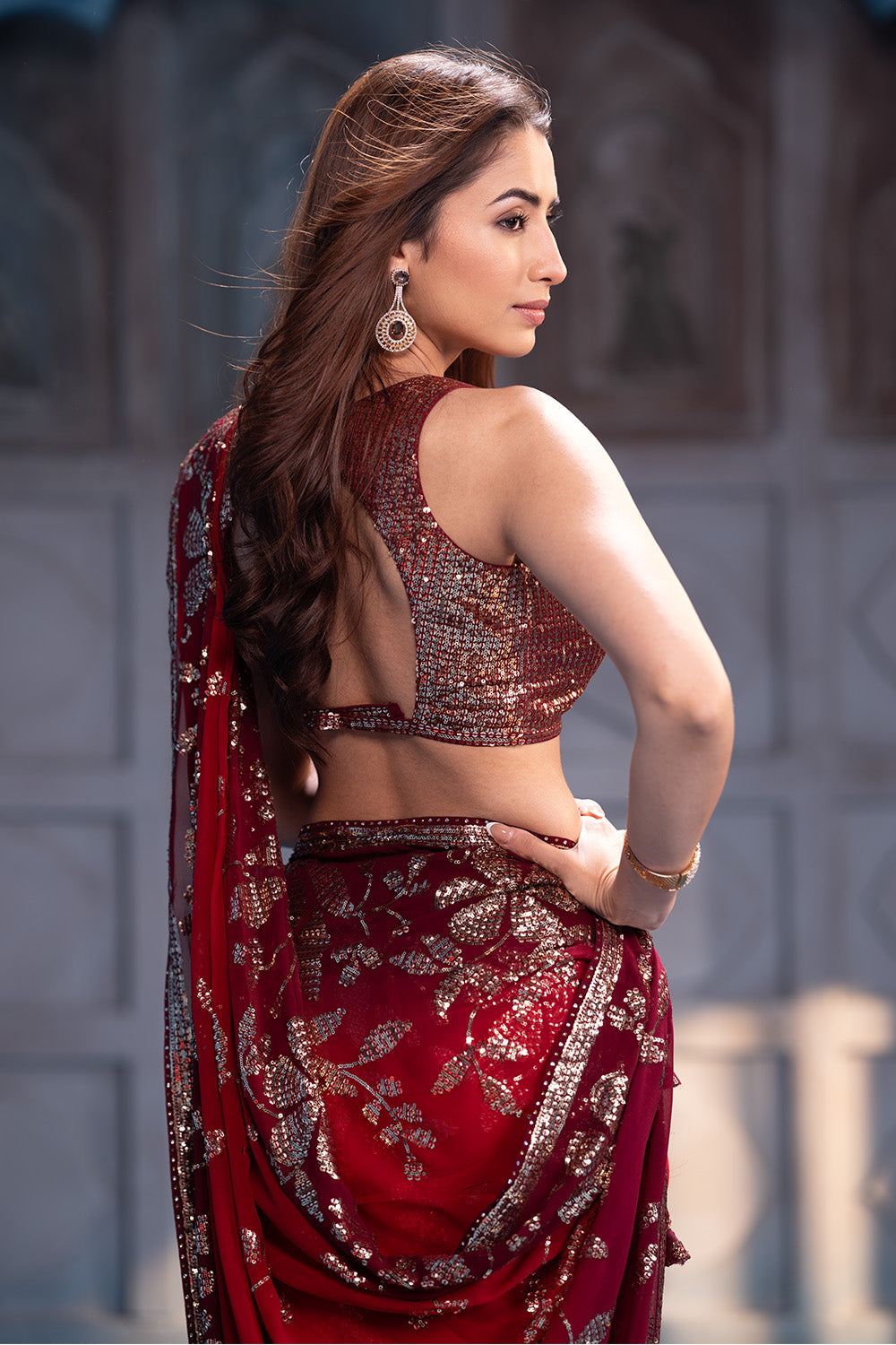 Red Pure Georgette Sequins Floral Embroidered Saree