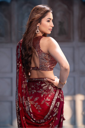 Red Pure Georgette Sequins Floral Embroidered Saree