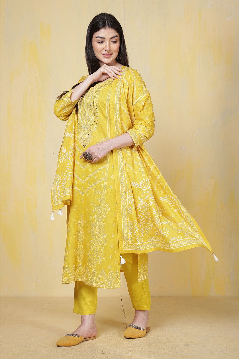 Mustard Cotton Printed & Neck Embroidered Suit