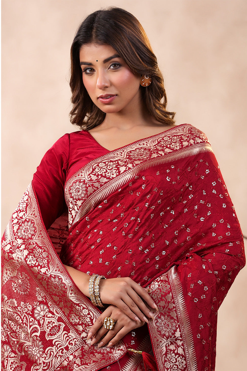 Marron Color Silk Resham & Sequins Embroidered Zari Woven Saree
