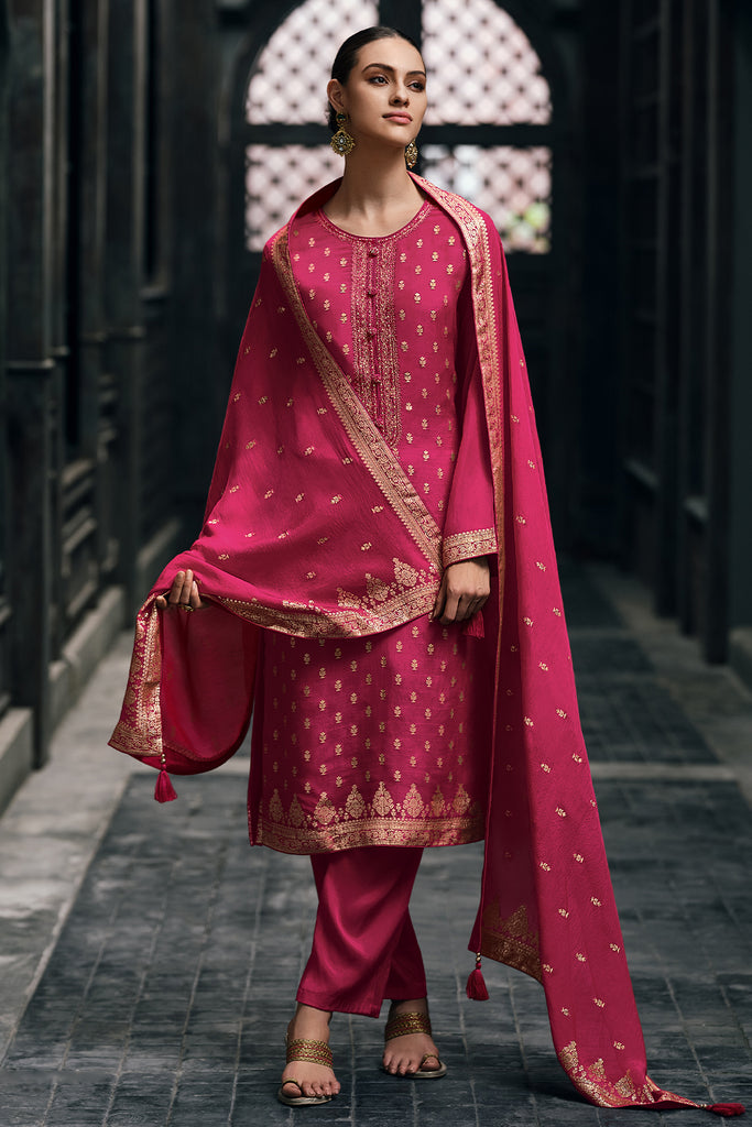 Fuchsia Pink Color Embroidered Organza Unstitched Suit Material