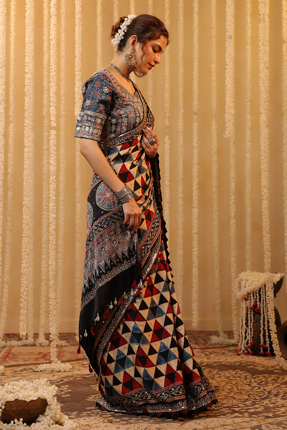 Navy & Beige Printed And Embroidered Pure Mulberry Silk Saree