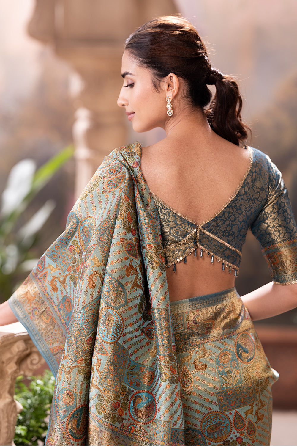 Turquoise Position Print Woven Silk Saree