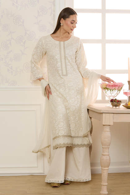 Cream Kota Cotton ChikanKari Unstitched Suit Material