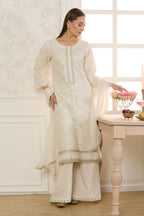 Cream Kota Cotton ChikanKari Unstitched Suit Material