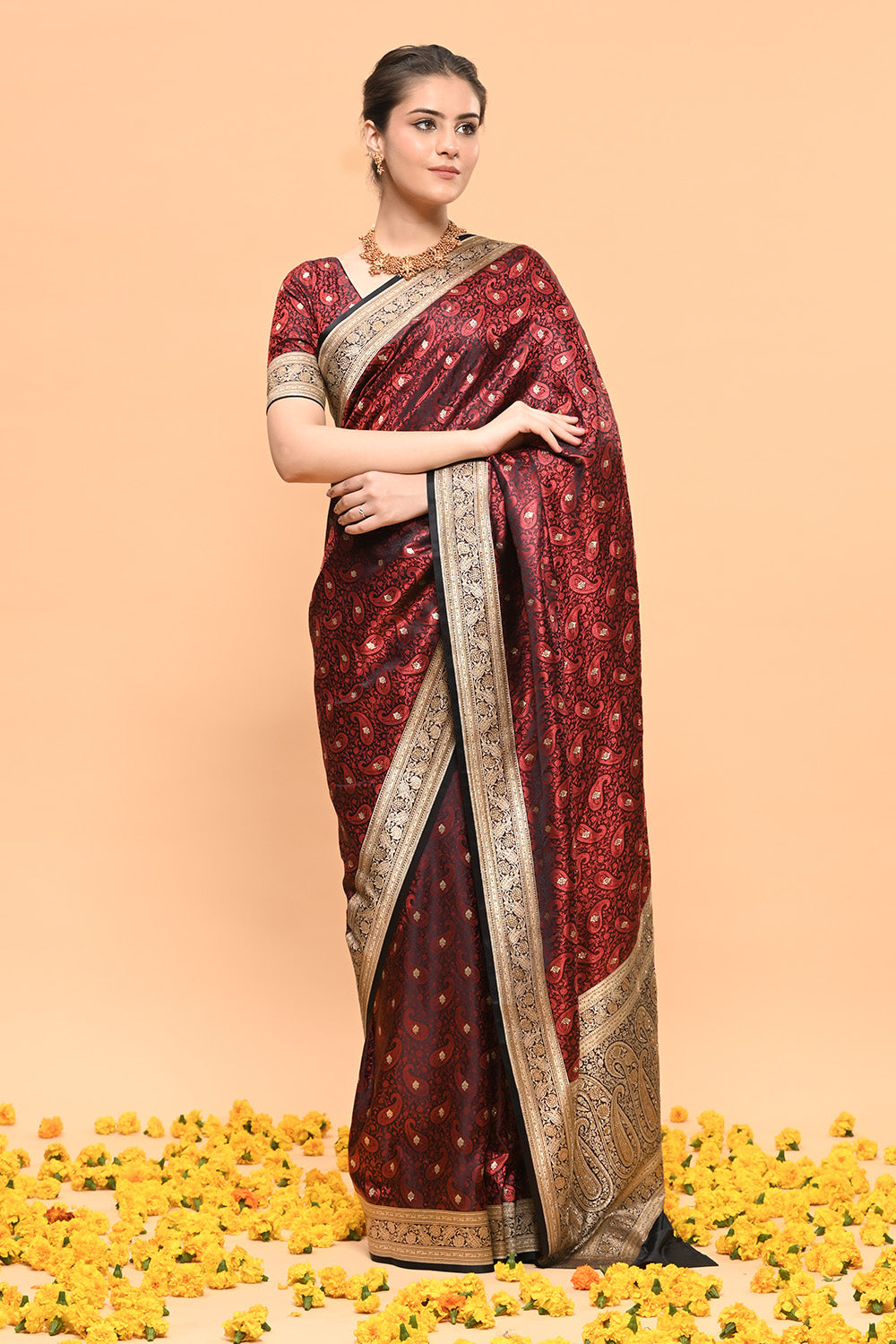 Black & Maroon Color Banarasi Silk Woven Saree