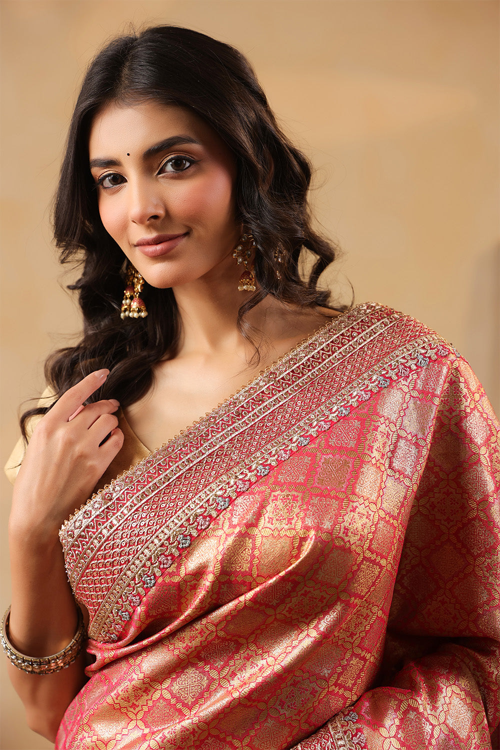 Cherry Red & Gold Color Woven Saree