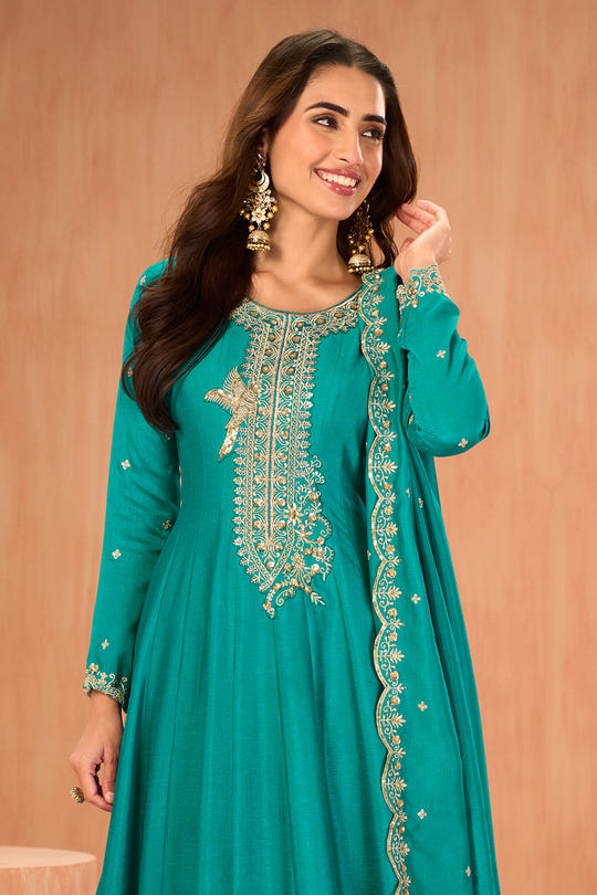 Teal Crepe Silk Zari and Sequins Embroidered Anarkali Suit