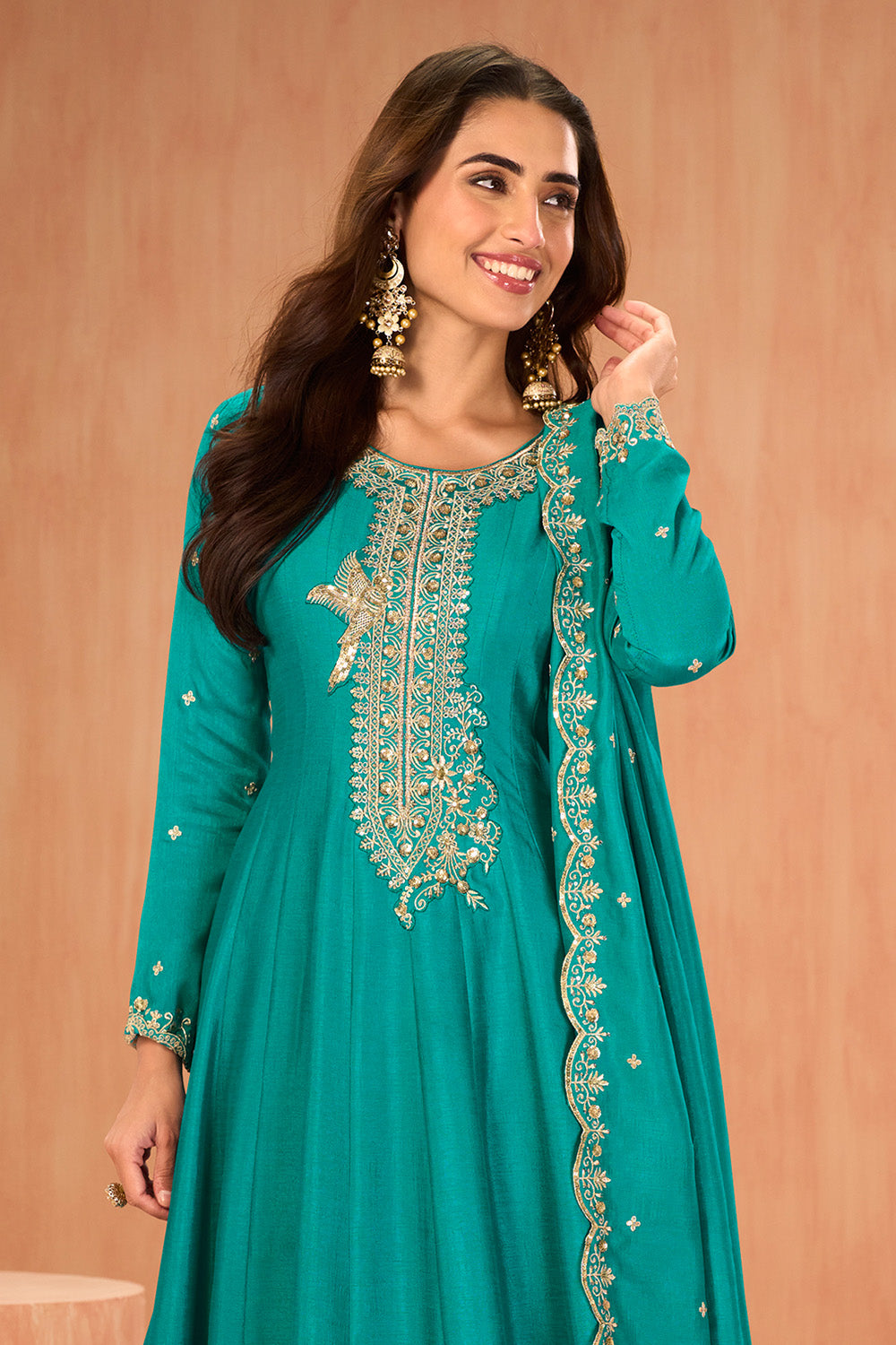 Teal Crepe Silk Zari and Sequins Embroidered Anarkali Suit