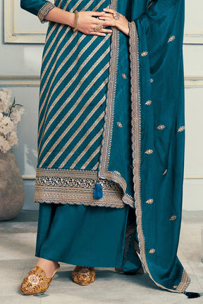 Blue Embroidered & Woven Chanderi Silk Unstitched Suit Fabric