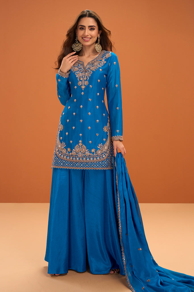 Blue Crepe Silk Cut-Dana And Sequins Embroidered Suit With Palazzo