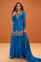 Blue Crepe Silk Cut-Dana And Sequins Embroidered Suit With Palazzo