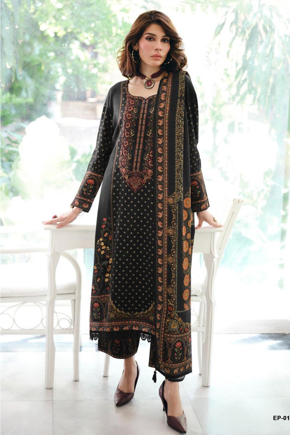 Black Cotton Silk Digital Printed Unstitched Suit Material
