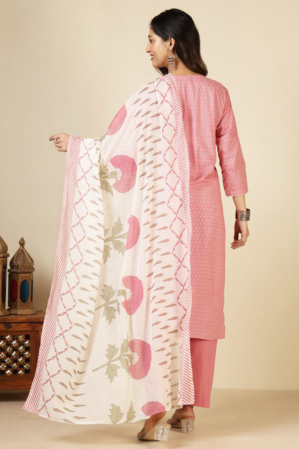 Pink Cotton Emboridered And Printed Suit Set