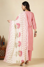 Pink Cotton Emboridered And Printed Suit Set